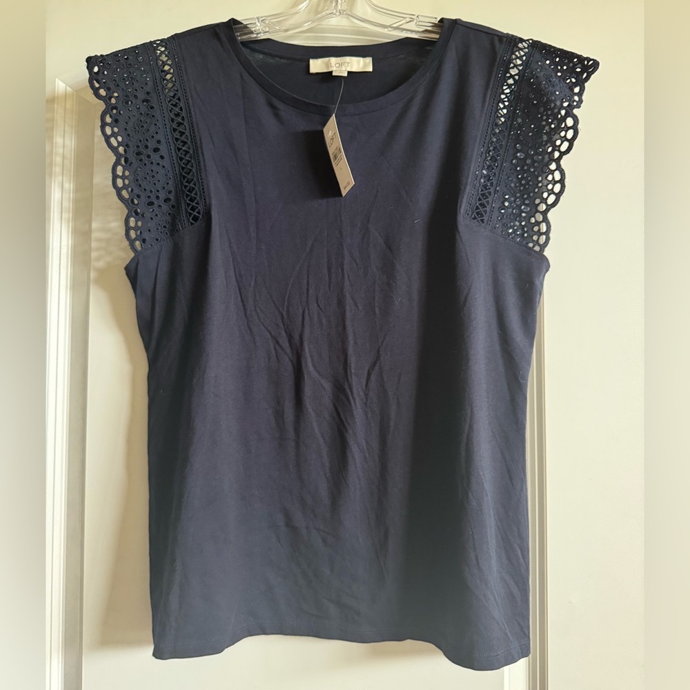 Loft Navy Eyelet Sleeve Women's Top L NWT